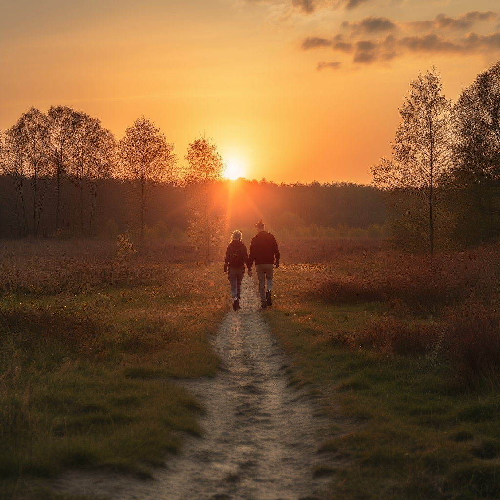 Photo of a couple walking hand and hand into the sunset.