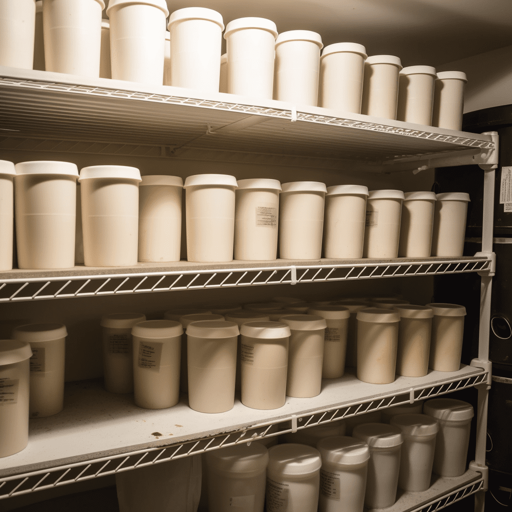 Rows of opaque food storage containers on a shelf.