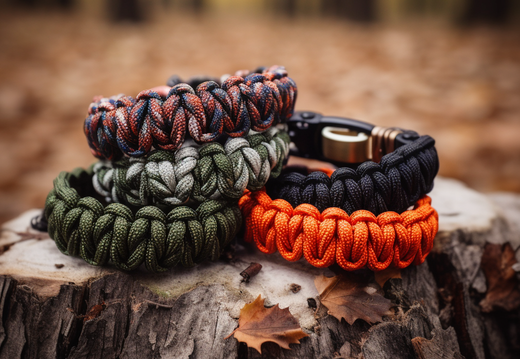 A variety of paracord bracelets sitting on a log in different paracord bracelet patterns.