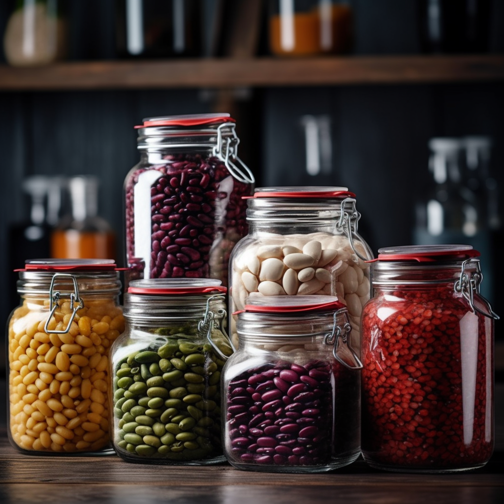 Image of multiple glass jars filled with dry beans.