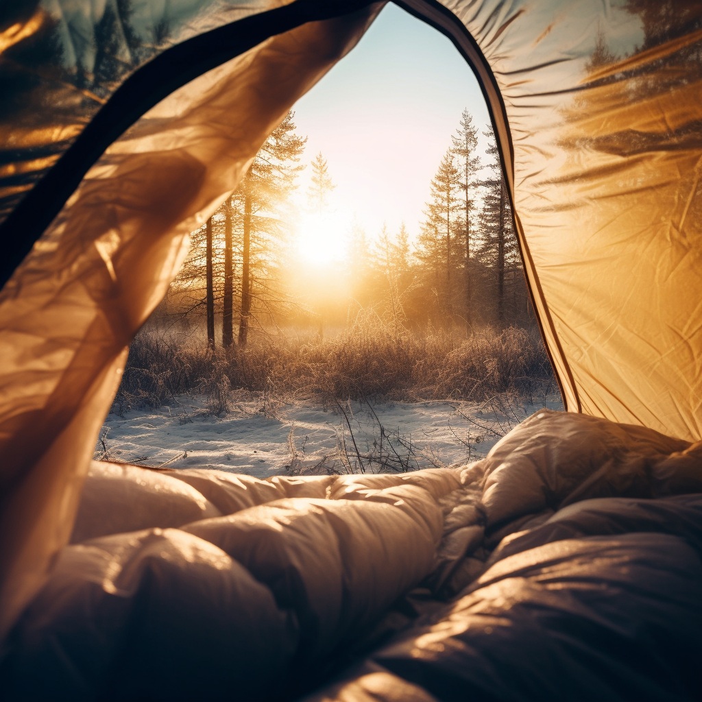 View of sunrise looking out of tent while laying inside a sleeping bag.