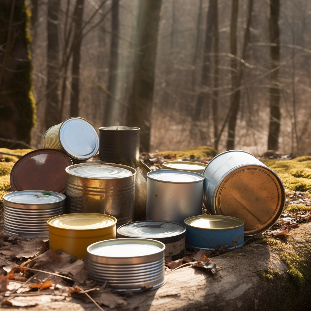 Variety of canned food in the middle of the woods.