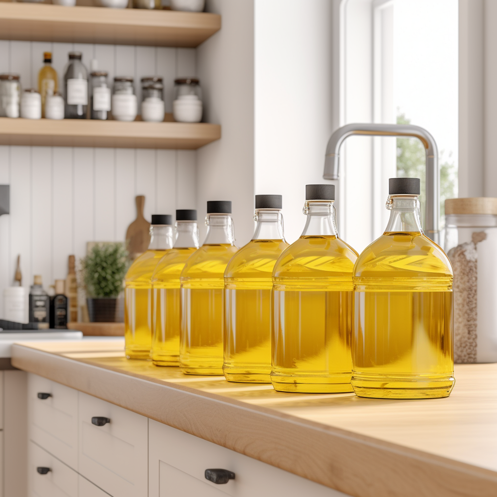 Kitchen counter with bottles of oil.