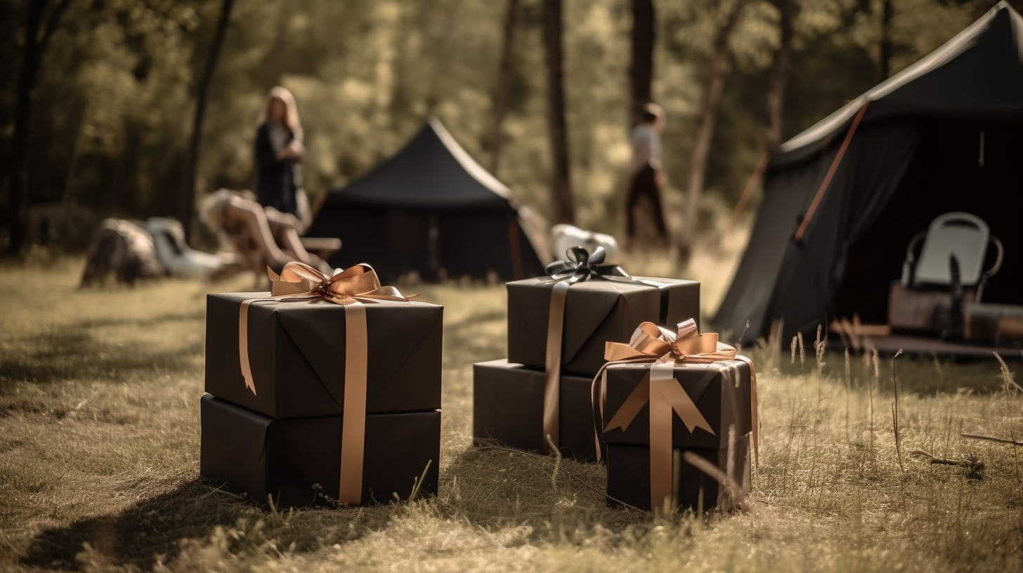 Photo of a campsite with wrapped gifts near a tent and campers setting up their campsite in the background.