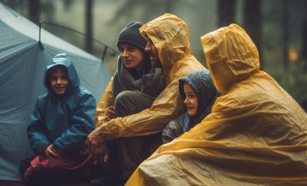Photo of a group of campers sitting in the rain wearing ponchos.