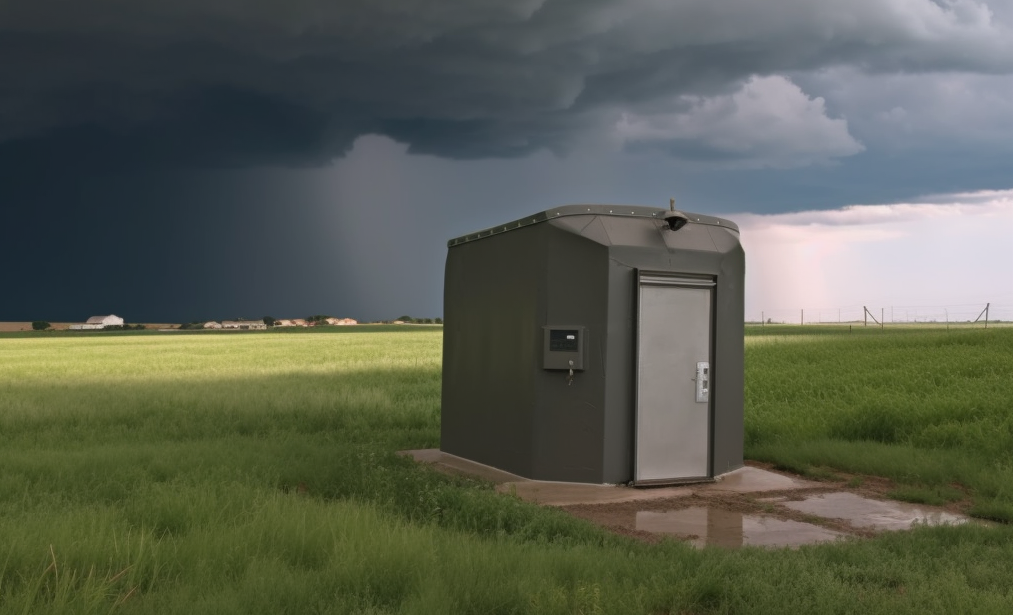 Image of a storm shelter under dark skies.