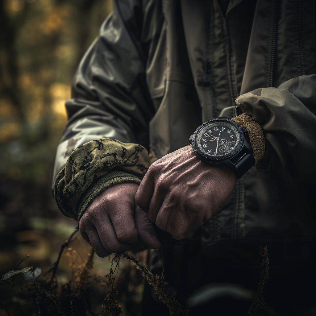 Image of a survival watch on the wirst of a hiker.