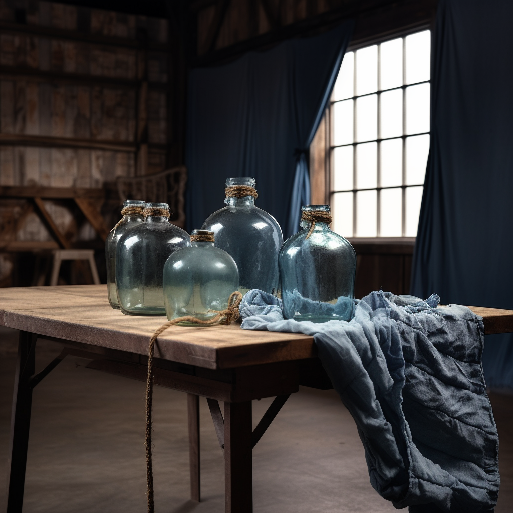 Photo of an empty warehouse with empty water jugs, a cloth and rope sit on a table. Possibly a place where training for how to survive waterboarding might take place.