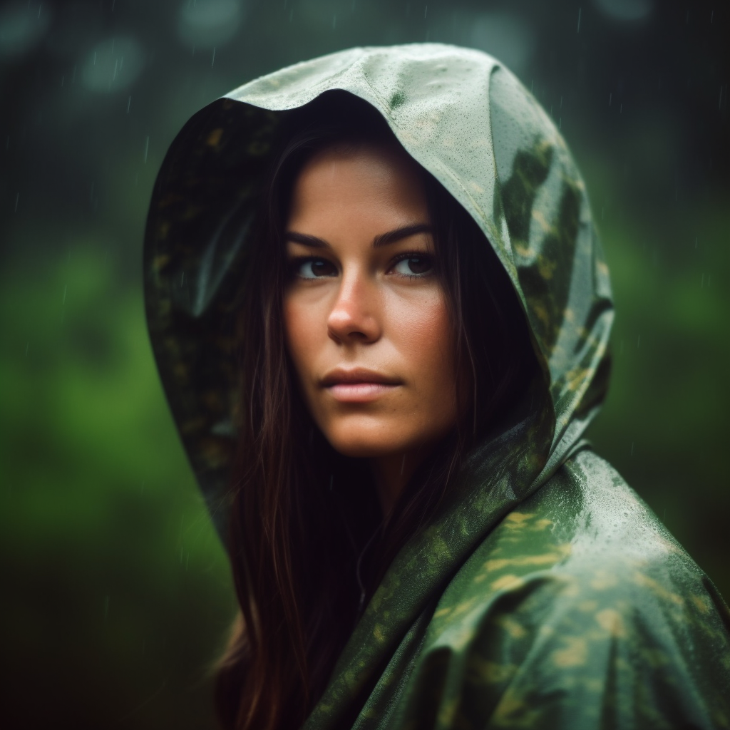 Young woman wearing one of her survival tactical ponchos.