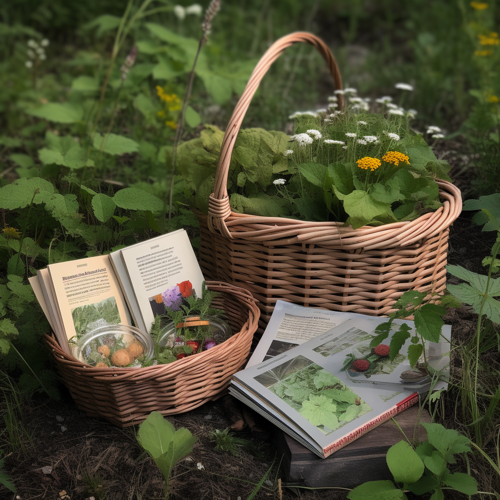 Image o foraging books and baskets with wild plants.