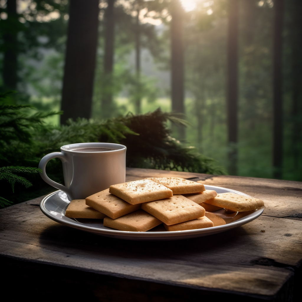 Photo of a cup of coffee & plate of hardtack biscuits in the woods.