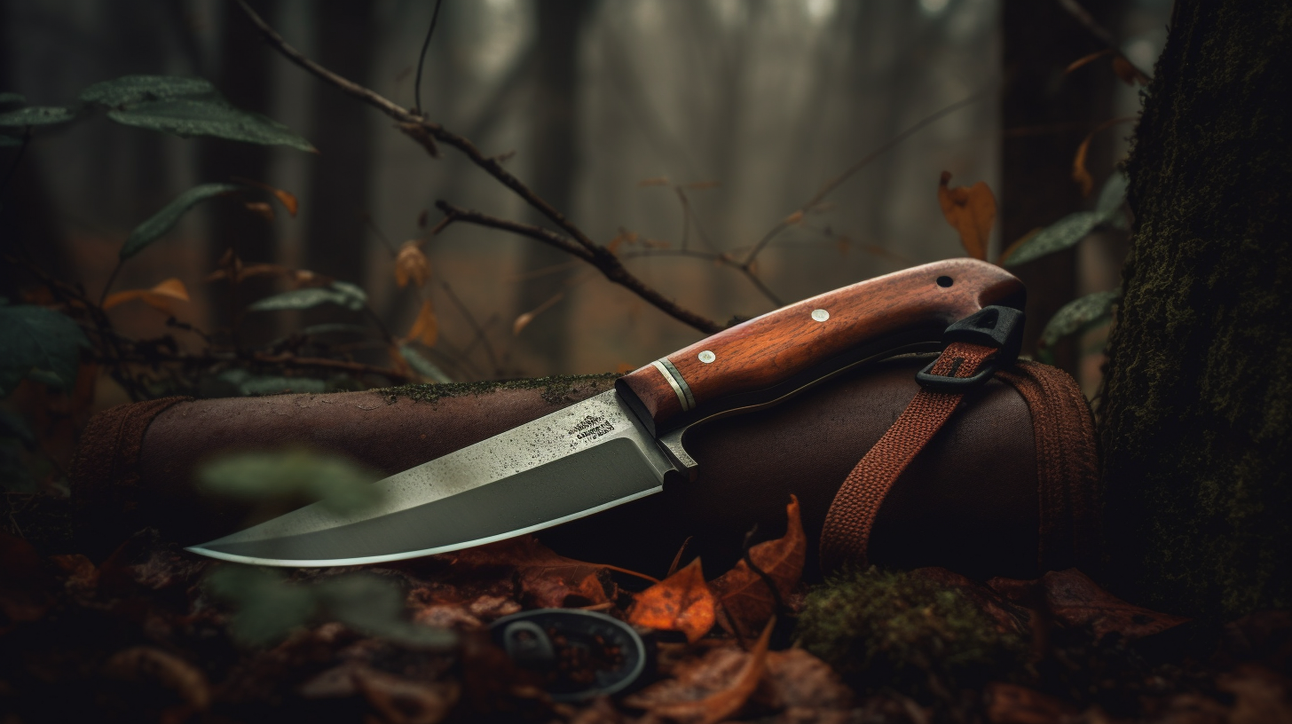 Photo of a knife on a log in the woods.