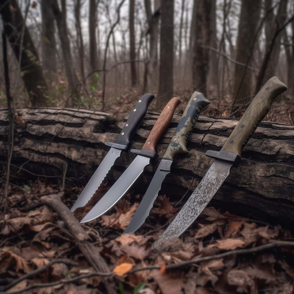 Photo of a variety of machetes resting on a log.