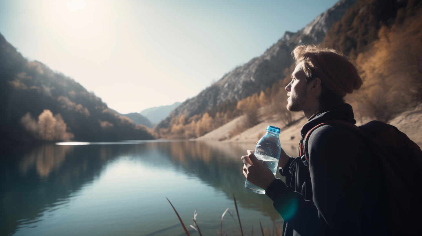 Man standing next to a lake with a bottle of fresh water.