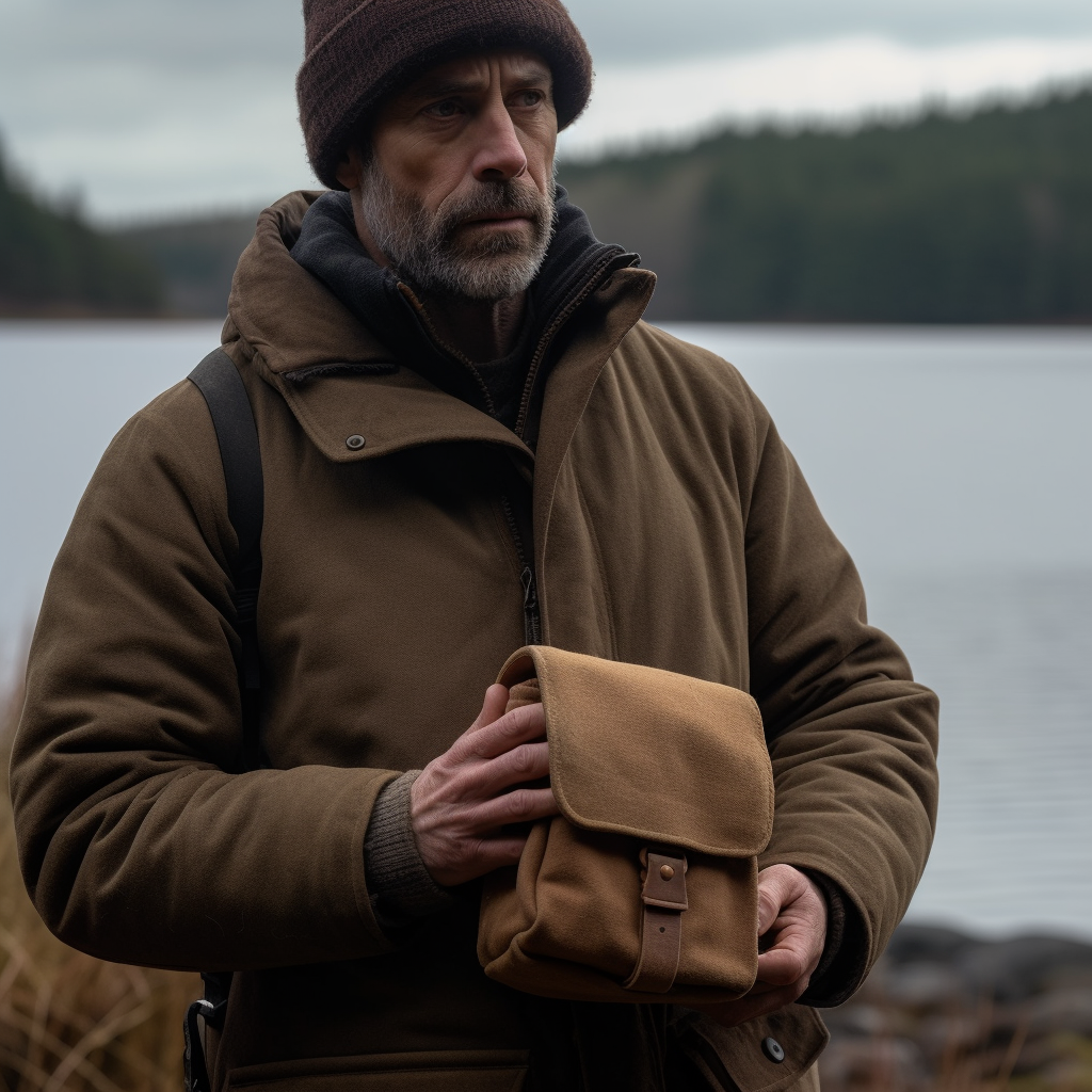 Photo of a man standing by a lake holding a bushcraft pouch.