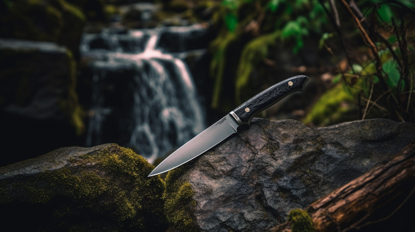 Japanese bushcraft knife near a small waterfall.