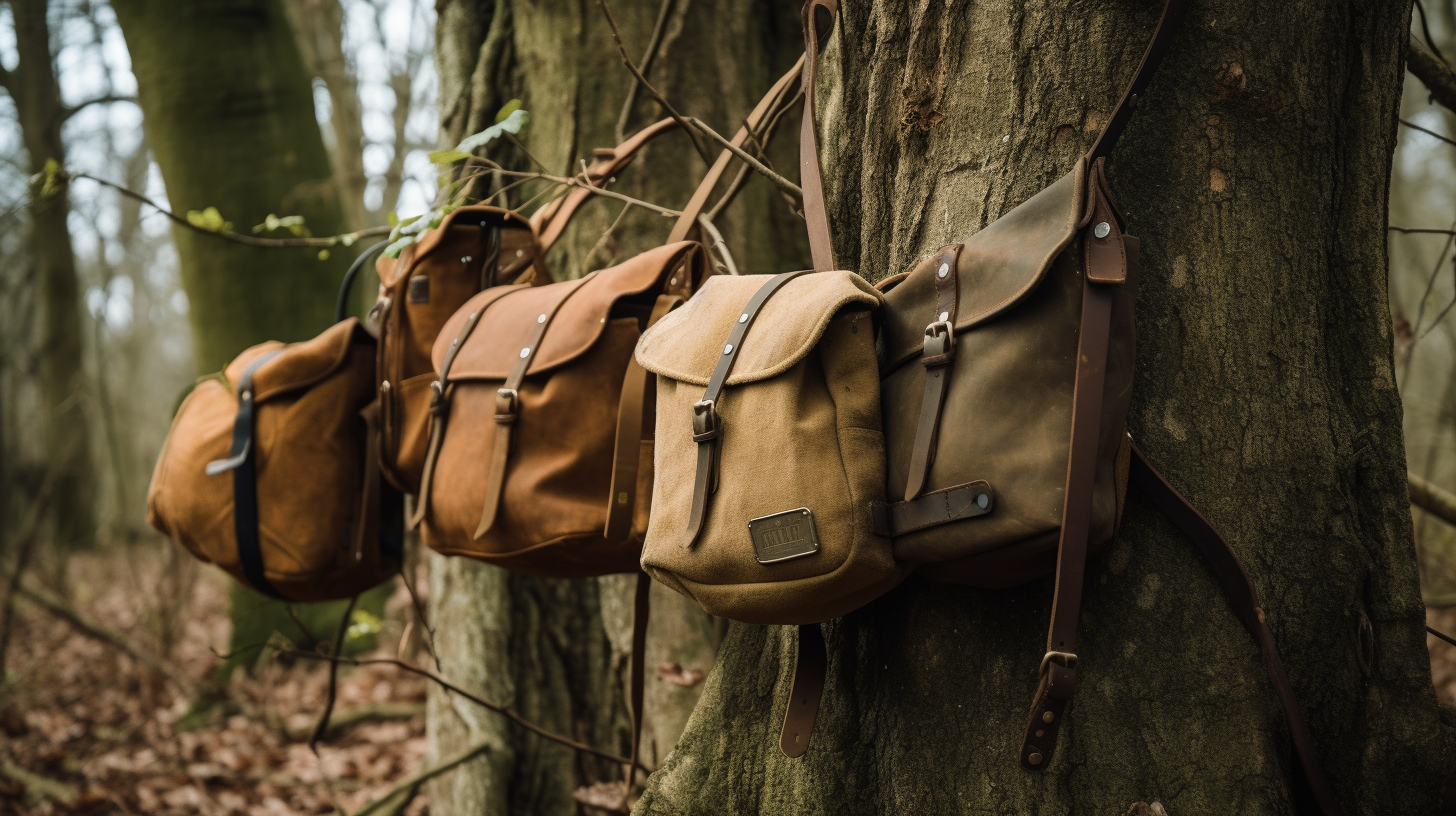 A variety of haversack bushcraft bags hanging on a branch in the woods.