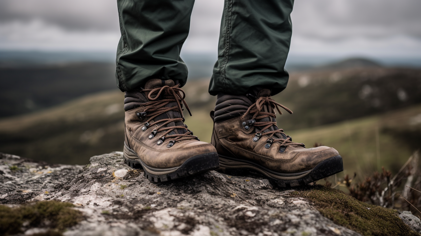 Photo of bushcraft boots being worn by a person standing on a rocky area overlooking a valley.