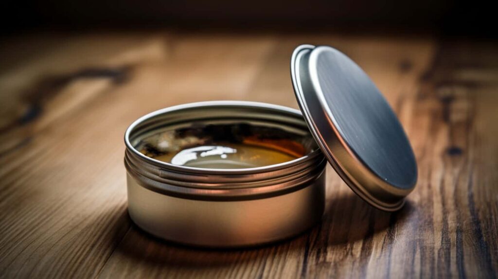 Photo of a small tin of bushcraft furniture salve on top of a wooden table.