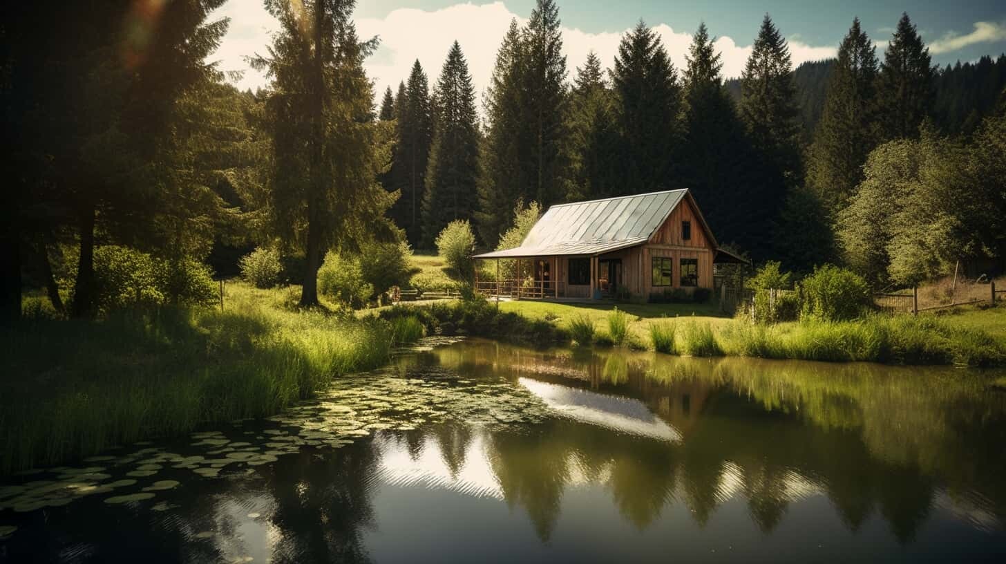 Photo of an Off Grid home next to a pond in the woods.