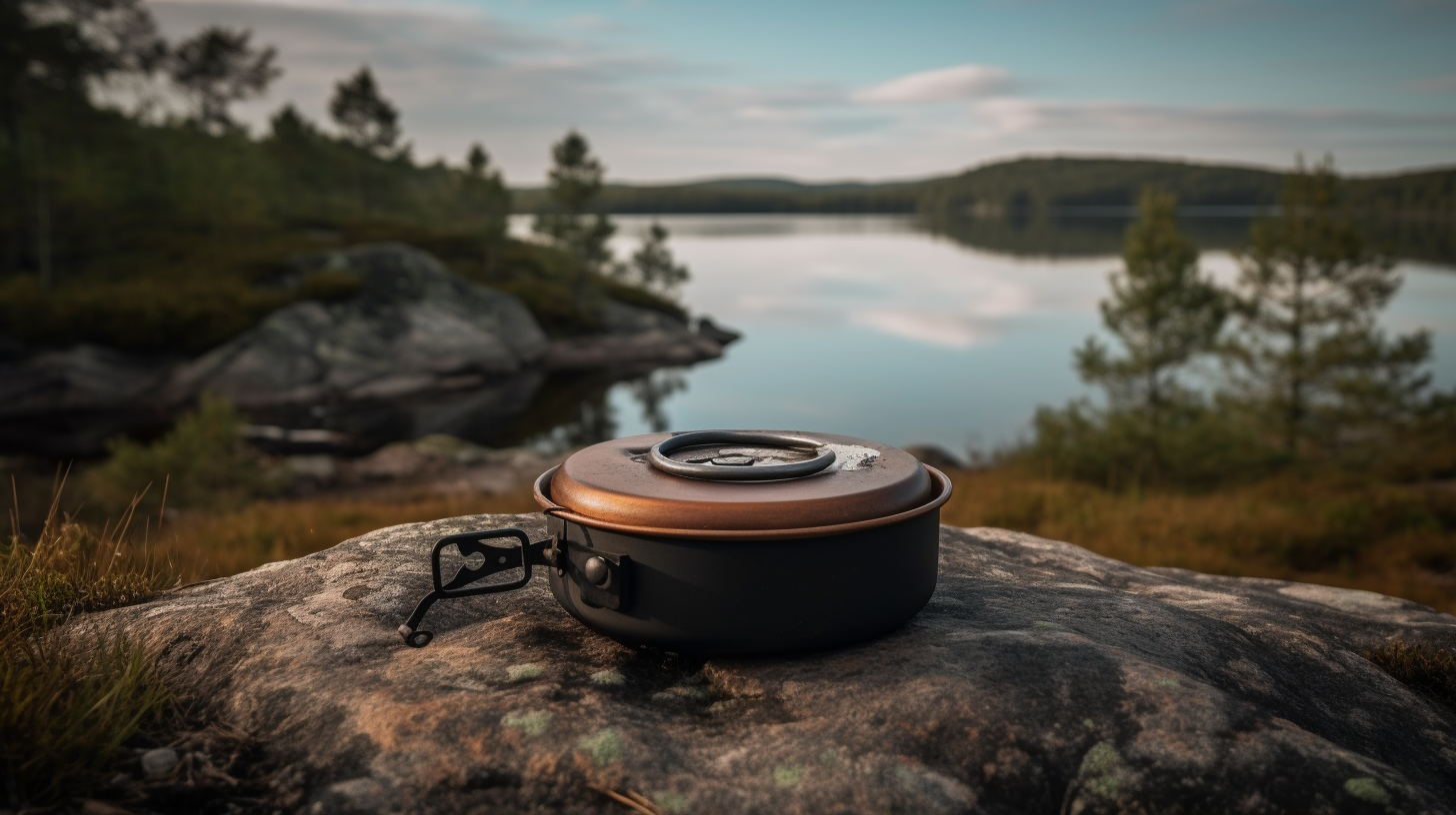 Photo of a survival cookware pan on a rock overlooking a lake.