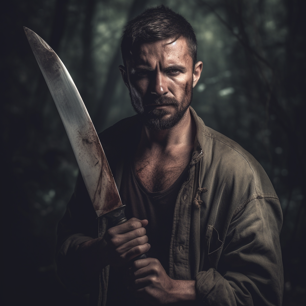 Photo of a rugged man holding a machete.