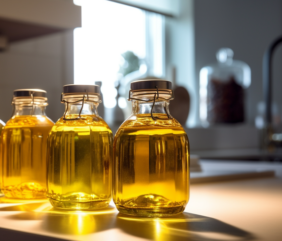 Photo of jars of home made vegetable oil.