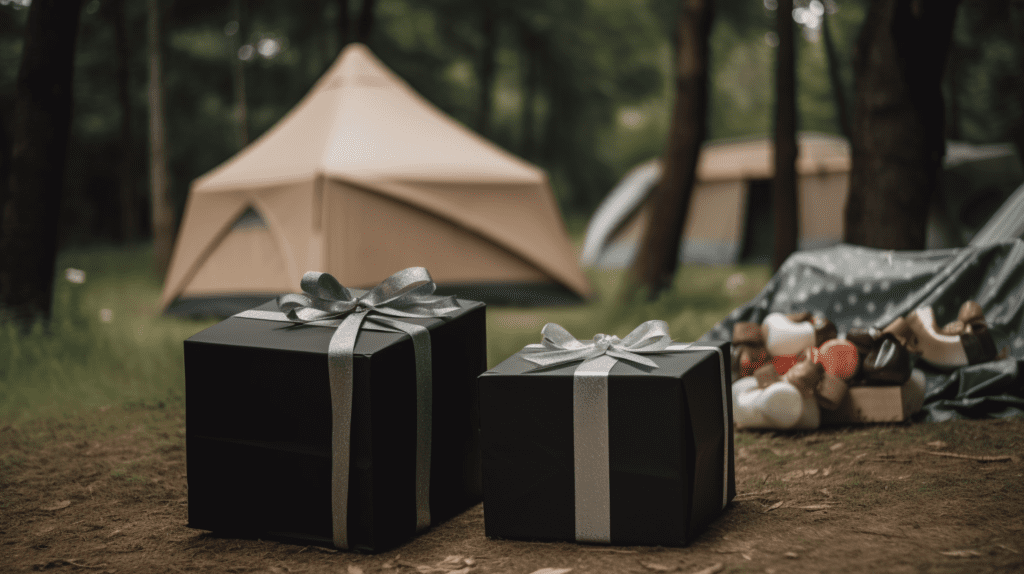 Photo of survival gifts wrapped up at a campsite.