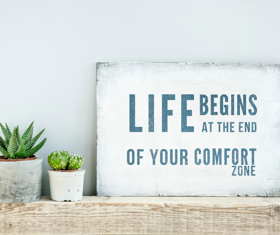 Photo of some plants next to a motivational sign that reads, life begins at the end of your comfort zone.