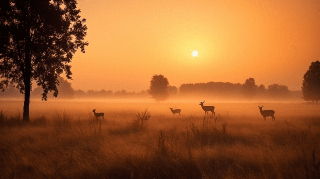 An uplifting photo of a group of deer grazing in a field during sunrise.