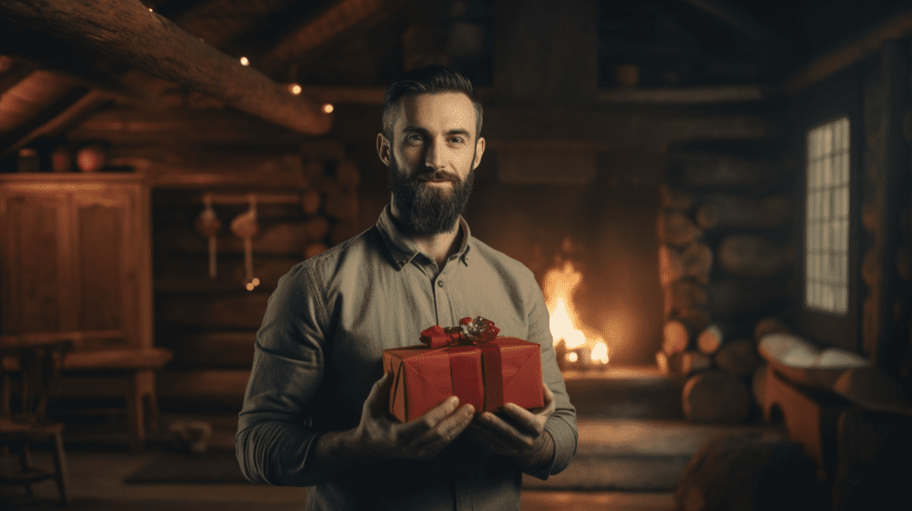 Photo of a man holding a survival gift in a cabin next to a fireplace.