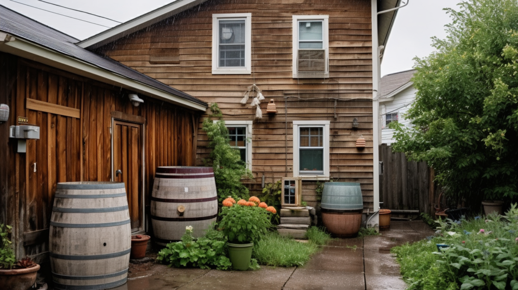 Rain barrels set up on the outside of a home to store and collect rainwater.
