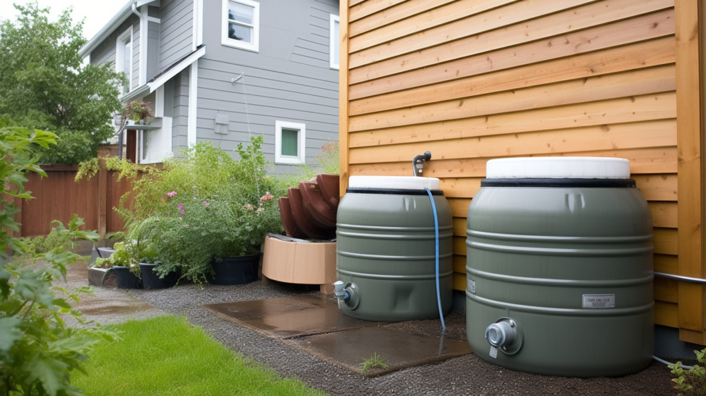Rain barrels for collecting rainwater on the side of a home.