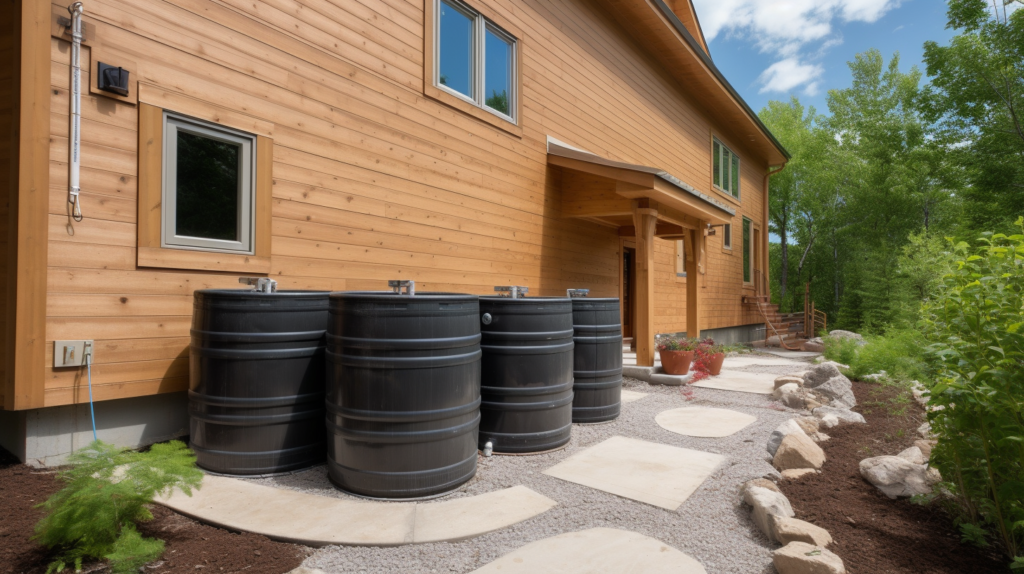 Rain barrels set up on the outside of a home to store collected rain water.