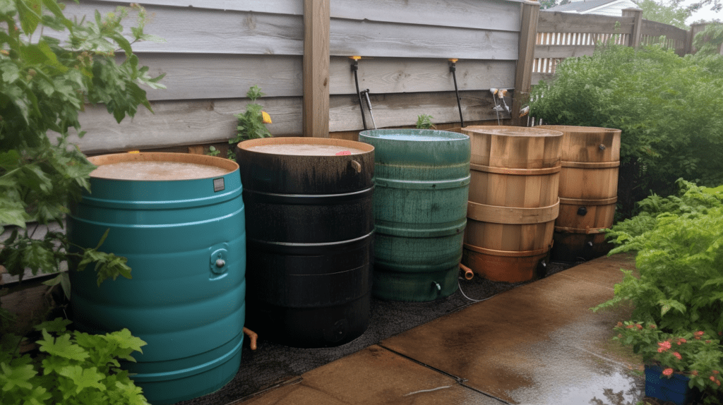 Rainwater collecting  barrels for storage along side a house.