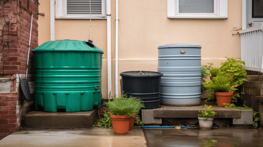 Rain barrels set up on the outside of a home to store collected rain water.