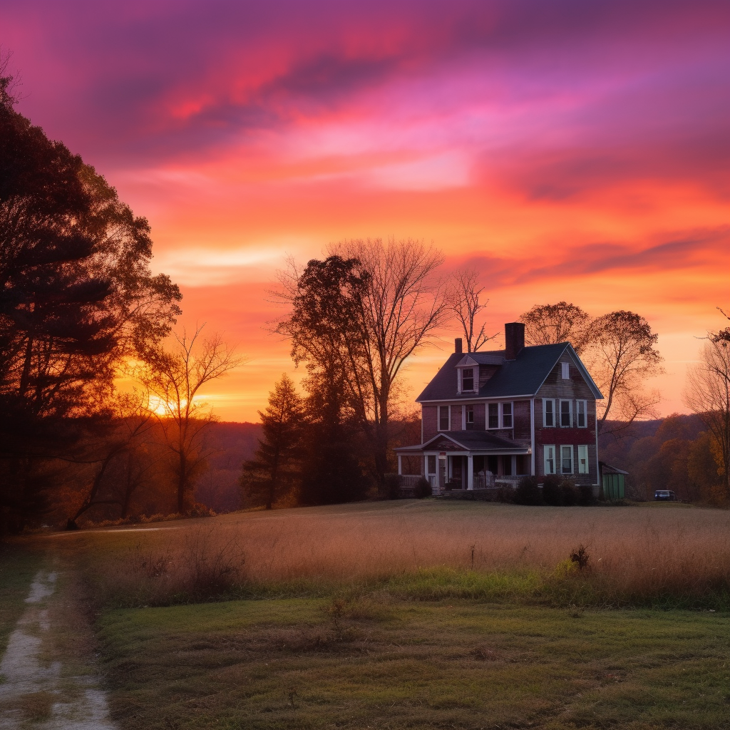 Photo of a beautiful purple, pink, orange and yellow sunset overlooking a farmhouse to give you a sense of peace when reading poems about survival.