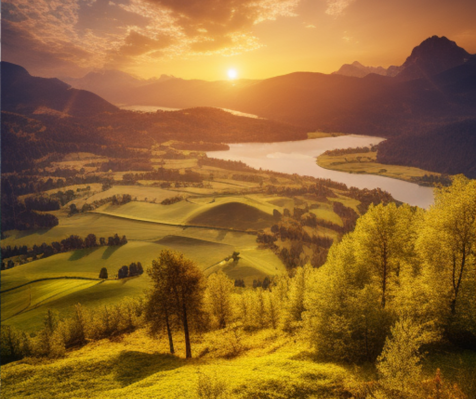 An uplifting photo of a sunset view overlooking a valley with a river running through it to inspire hope.