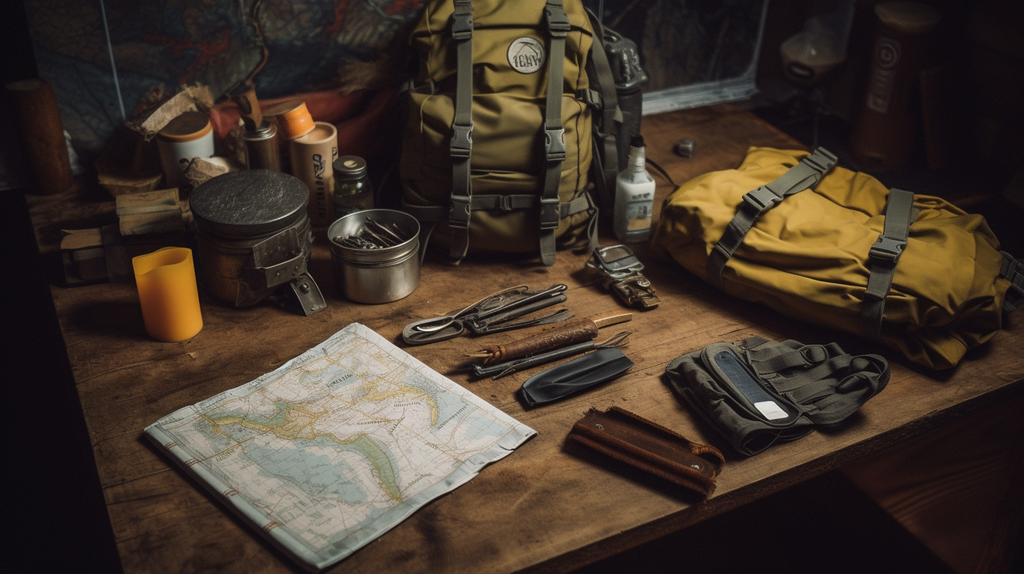 Photo of survival gear on a table to get an idea of prepping 101.