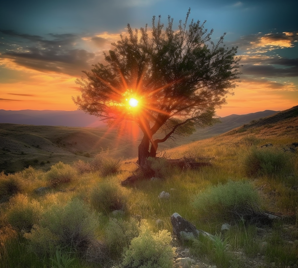 Photo of a sunsetting through a tree on a mountain side.