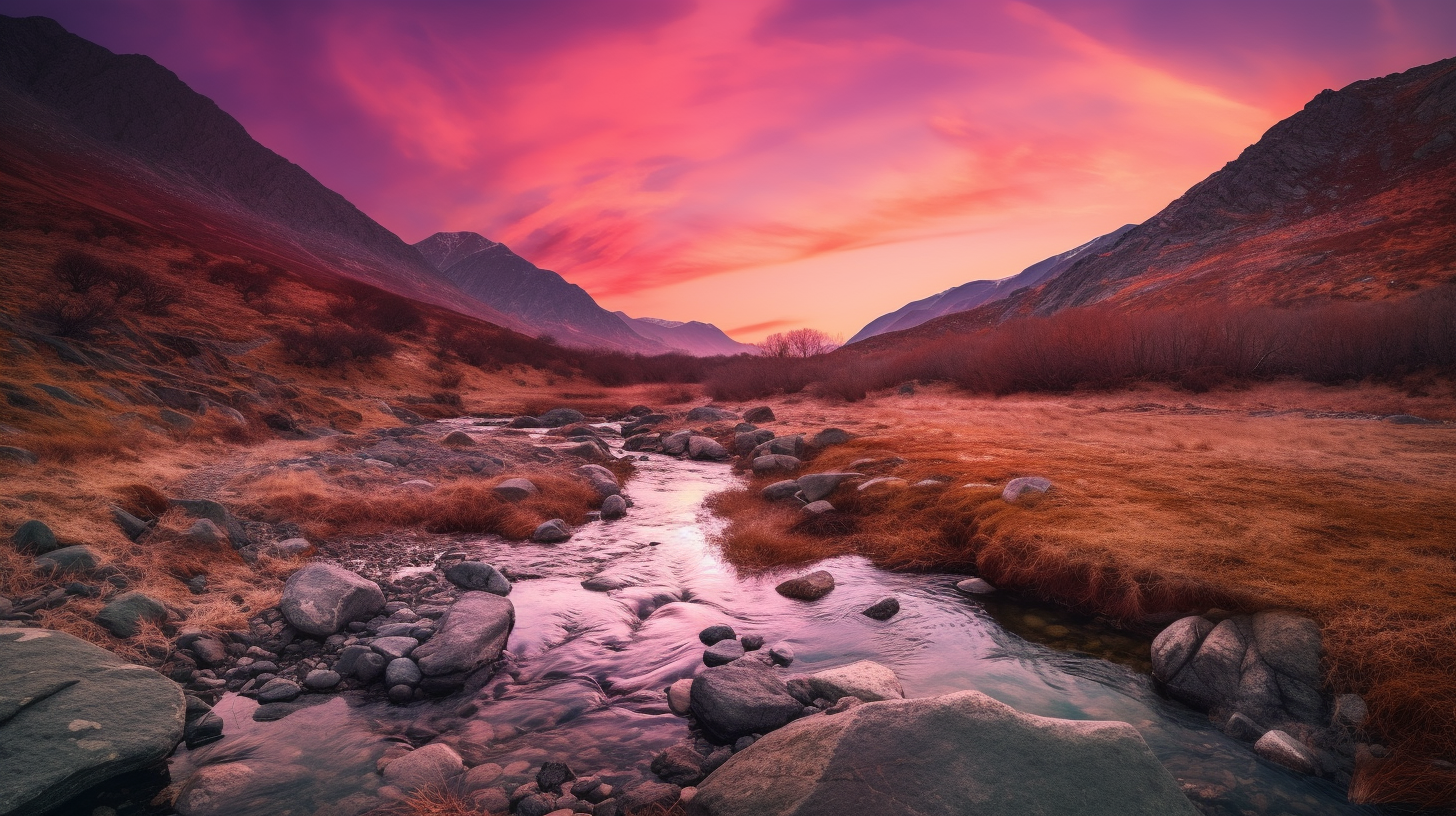 A stunning sunset overlooking a stream surrounded by mountains.